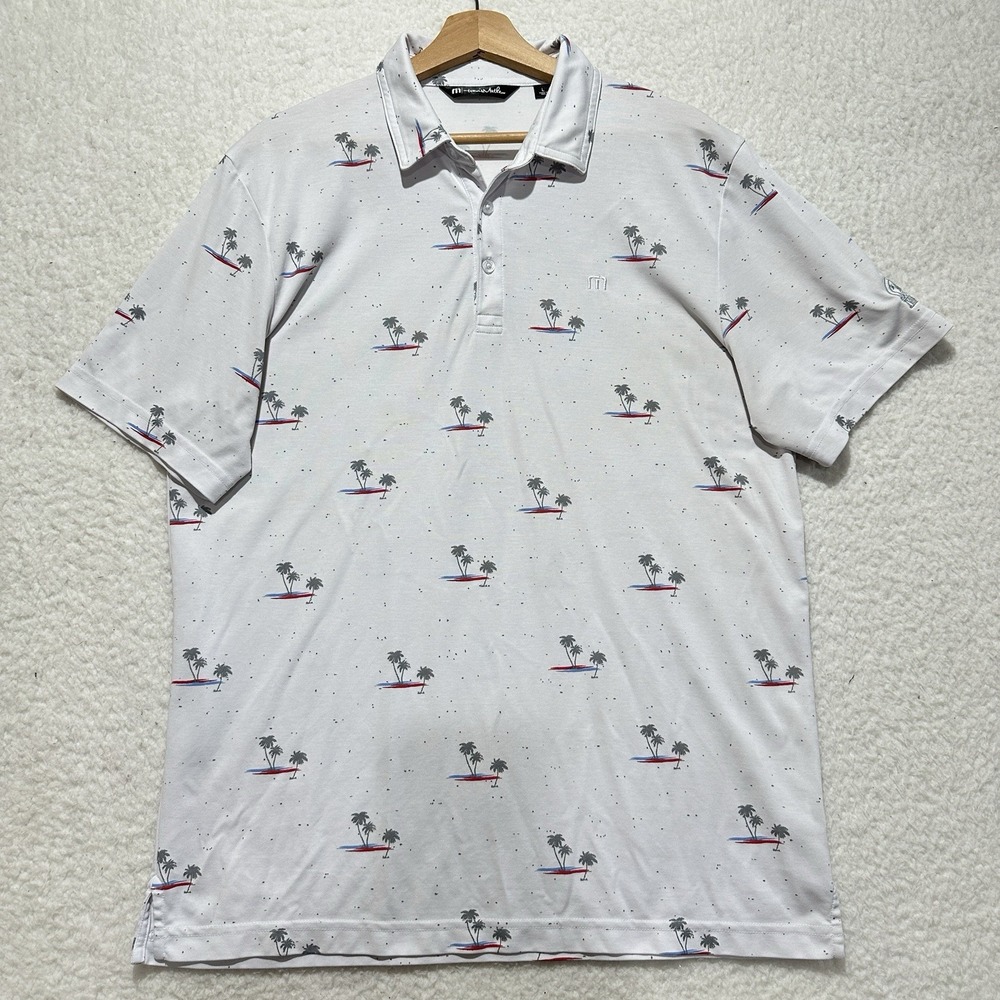 Travis Mathew IVANHOE Embroidered Golf Polo Performance White Palm Tree Print L